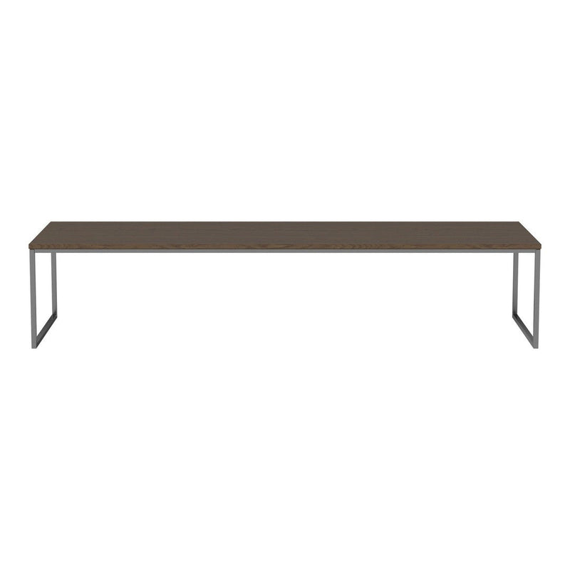 Long brown tabletop with a smooth finish and sleek silver metal legs. Modern, minimalist design for versatile use.