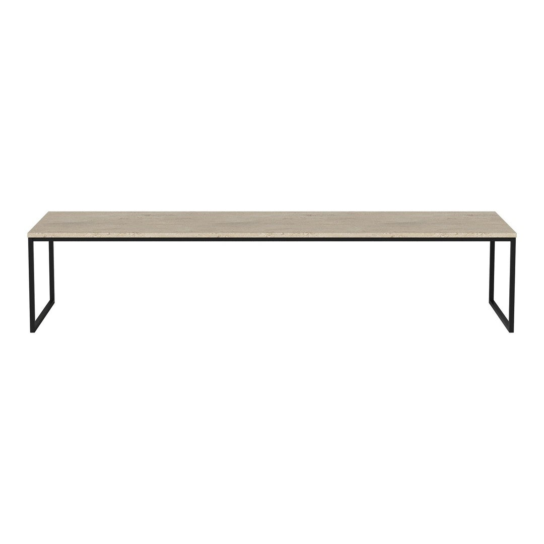 Rectangular table with a light wood finish and black metal legs, featuring a minimalist and modern design.