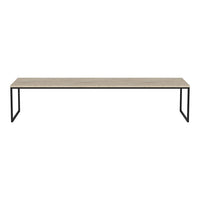 Rectangular table with a light wood finish and black metal legs, featuring a minimalist and modern design.