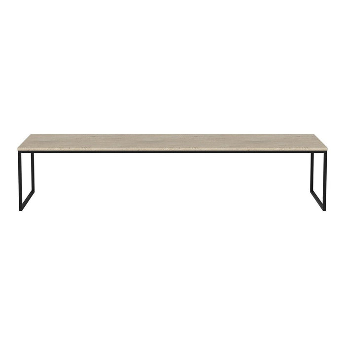 Rectangular table with a light wood finish and black metal legs, featuring a minimalist and modern design.