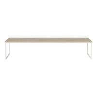 Light wood tabletop with a subtle grain pattern and sleek white metal legs, perfect for modern aesthetics.
