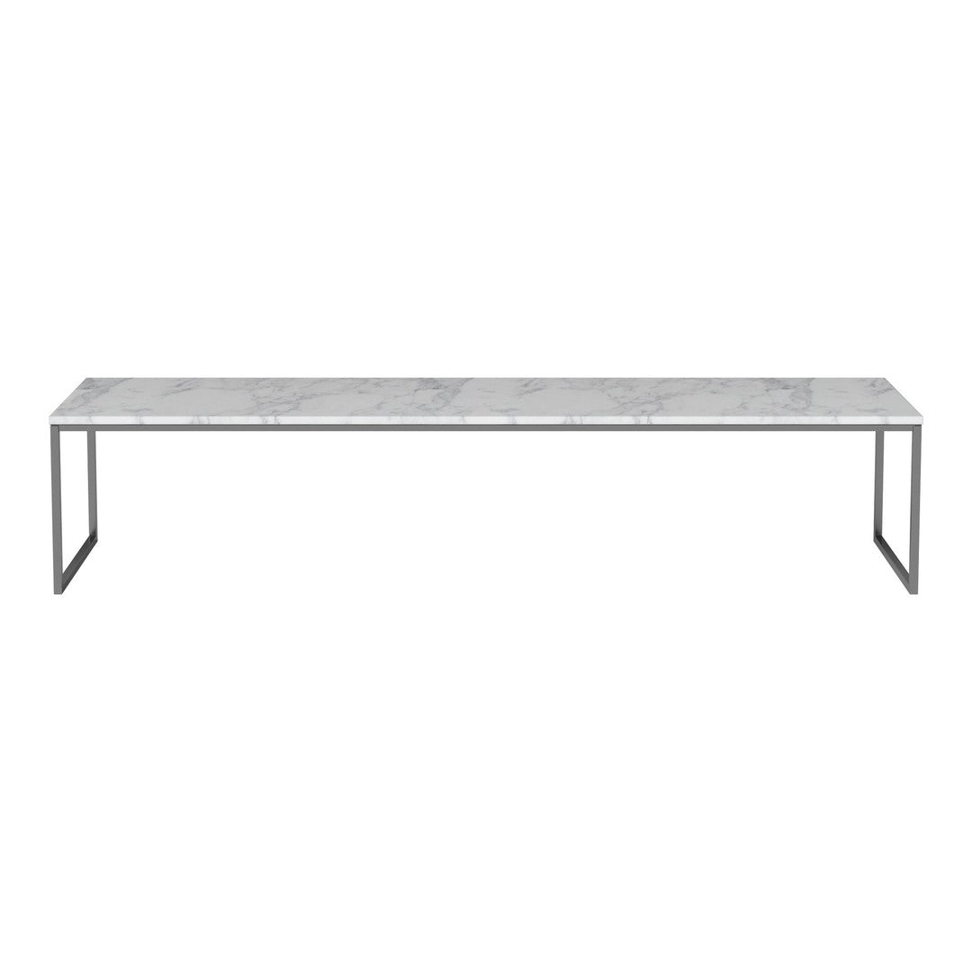Gray marble tabletop with subtle white veining on a sleek metallic frame. Modern design with minimalist patterns.
