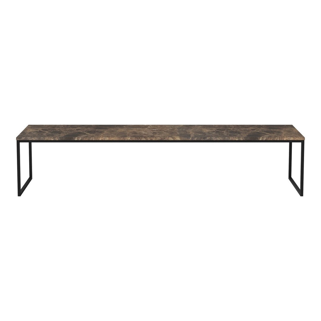 Long black metal bench with a textured brown wood top featuring a natural stone-like pattern.