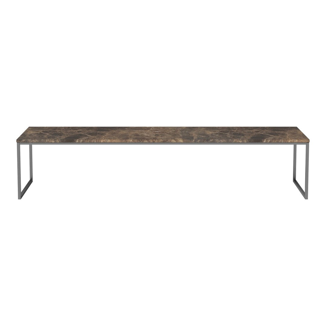 Long, rectangular bench featuring a dark, marbled surface with subtle earthy tones and sleek metal legs.