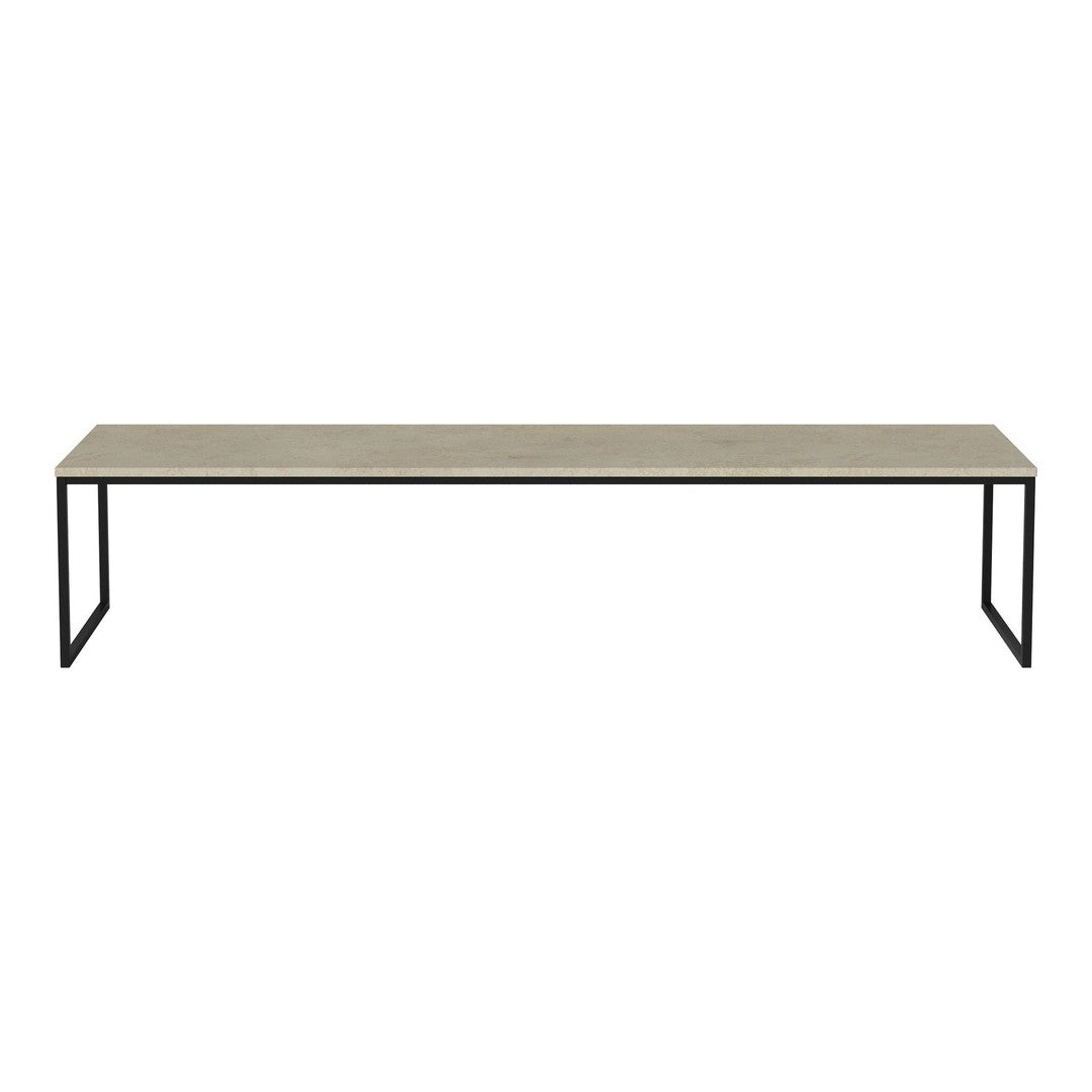Modern gray tabletop with subtle texture, paired with sleek black metal legs. Ideal for contemporary spaces.