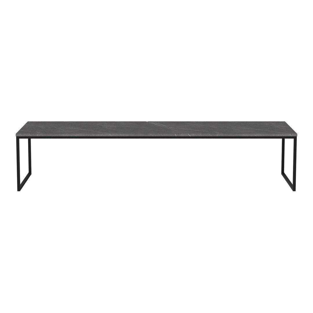 Sleek black rectangular table with a smooth marble top and minimalistic black metal legs. Perfect for modern decor.
