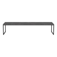 Sleek black rectangular table with a smooth marble top and minimalistic black metal legs. Perfect for modern decor.