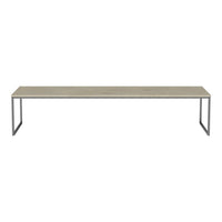 Rectangular coffee table with a light gray top and sleek metal frame, featuring a minimalist design and smooth finish.