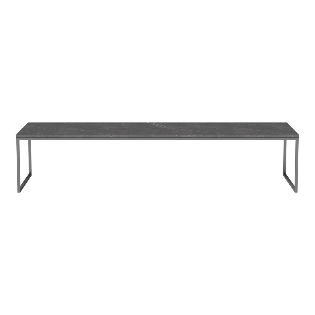 Long black marble table with a sleek metallic frame, featuring a minimalist design and subtle gray veining.