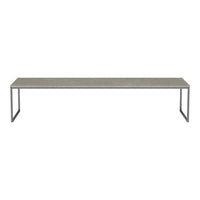 Long gray tabletop with a subtle textured pattern, supported by sleek metal legs in a modern design.