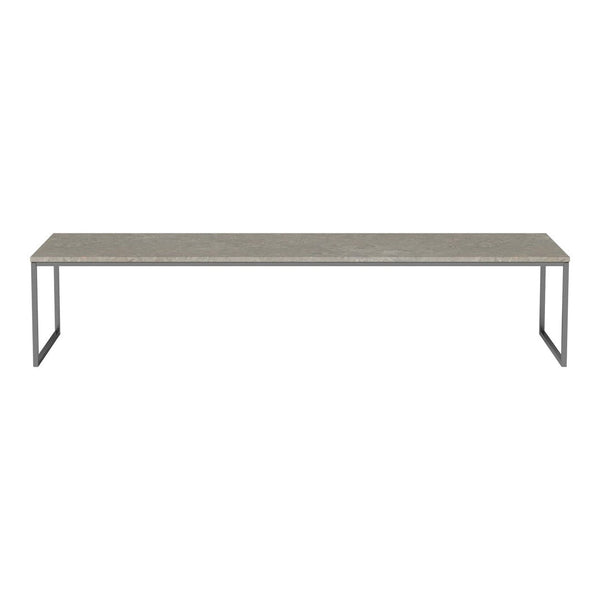 Long gray tabletop with a subtle textured pattern, supported by sleek metal legs in a modern design.