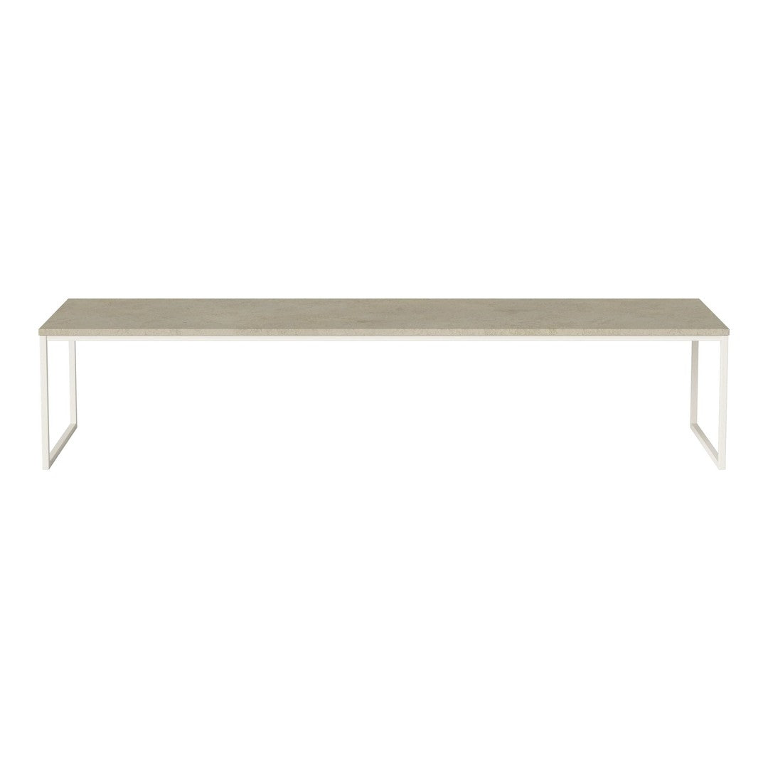 Gray tabletop with a smooth finish, featuring a minimalist design and white metal legs. Perfect for modern decor.