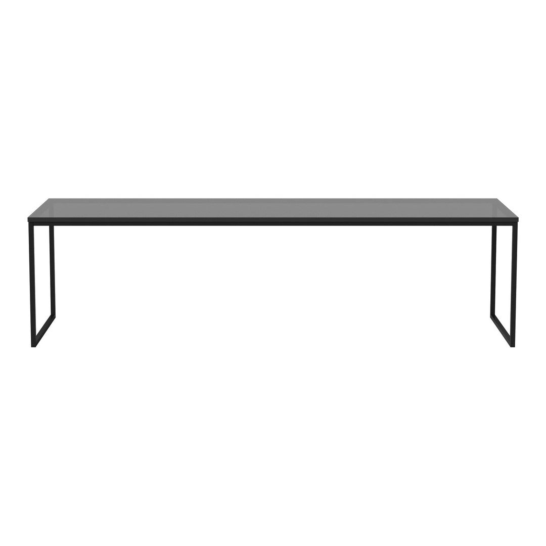 Sleek gray tabletop with a matte finish, paired with a minimalist black metal frame. Perfect for modern decor.