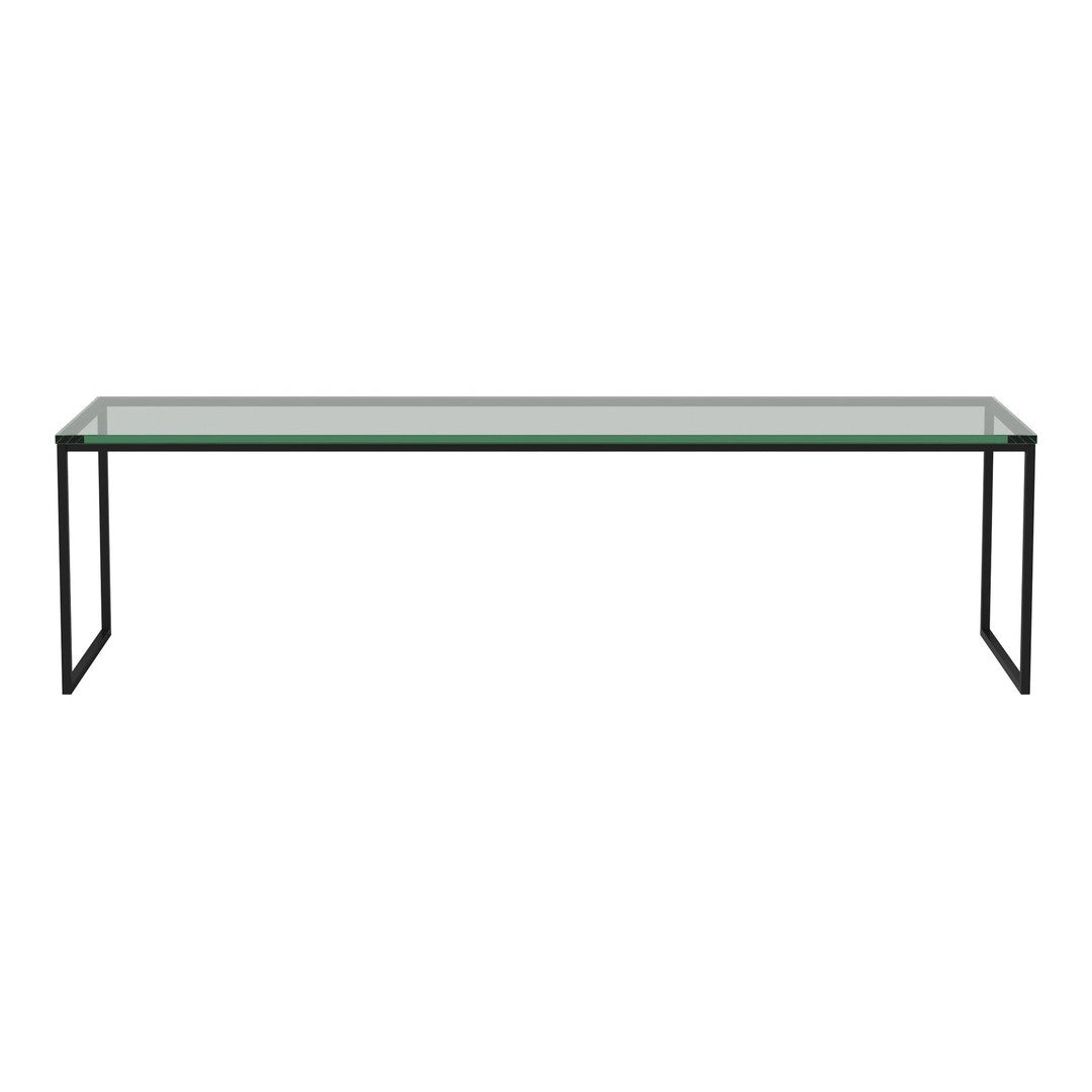 Sleek black metal frame with a clear glass top, featuring a minimalist and modern design perfect for any decor.