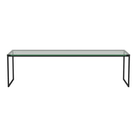Sleek black metal frame with a clear glass top, featuring a minimalist and modern design perfect for any decor.