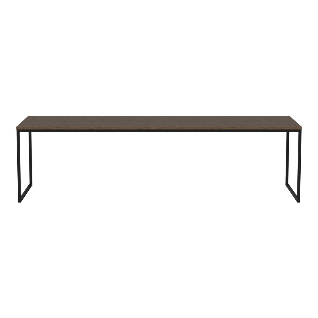 Long brown tabletop with a smooth surface, paired with sleek black metal legs for a modern touch.