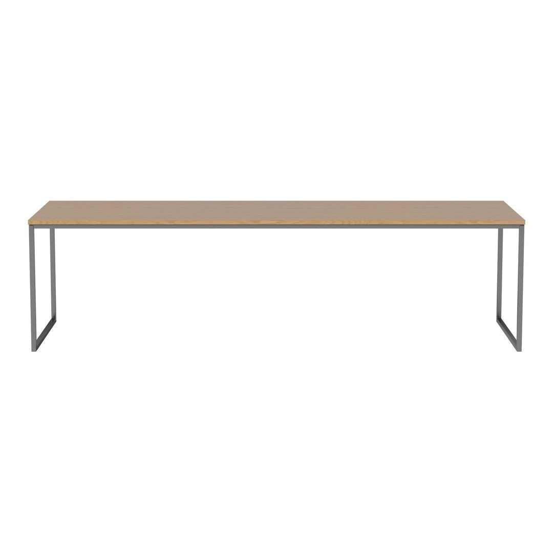 Light wood tabletop with a smooth finish and minimalist black metal frame. Sleek design for modern interiors.