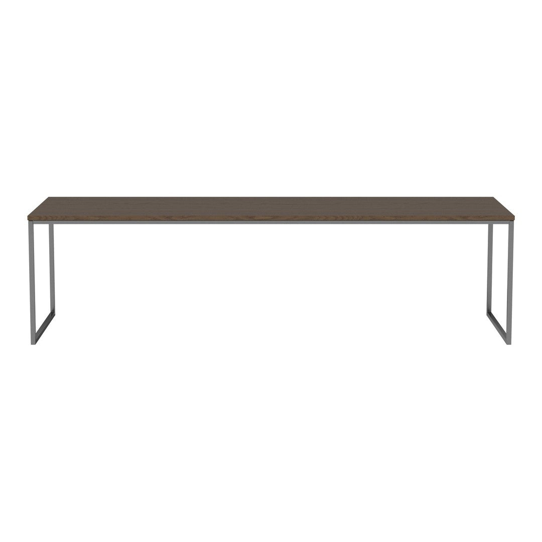 Brown wooden tabletop with a smooth finish and sleek black metal legs, featuring a minimalist design.