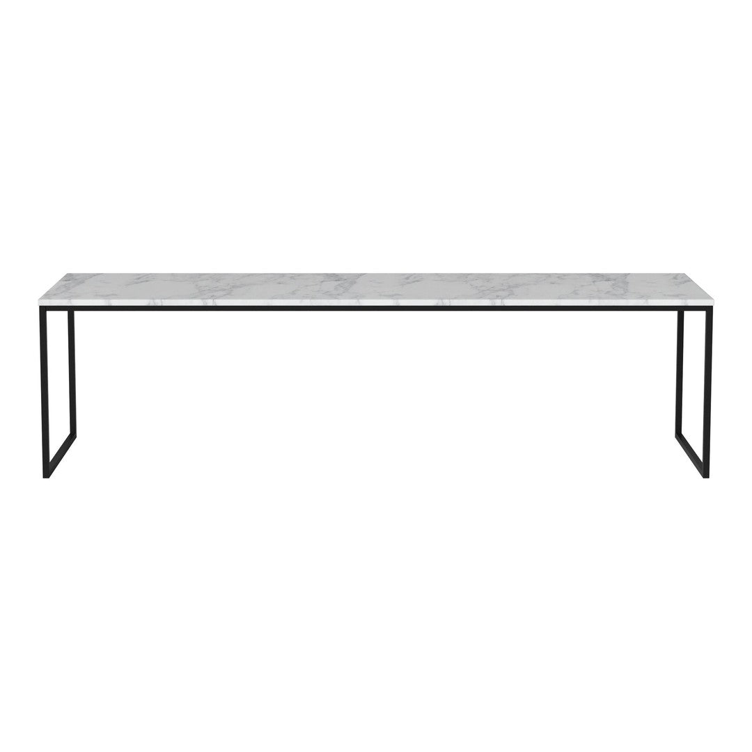Elegant gray marble tabletop with black metal legs, modern minimalist design, perfect for contemporary settings.