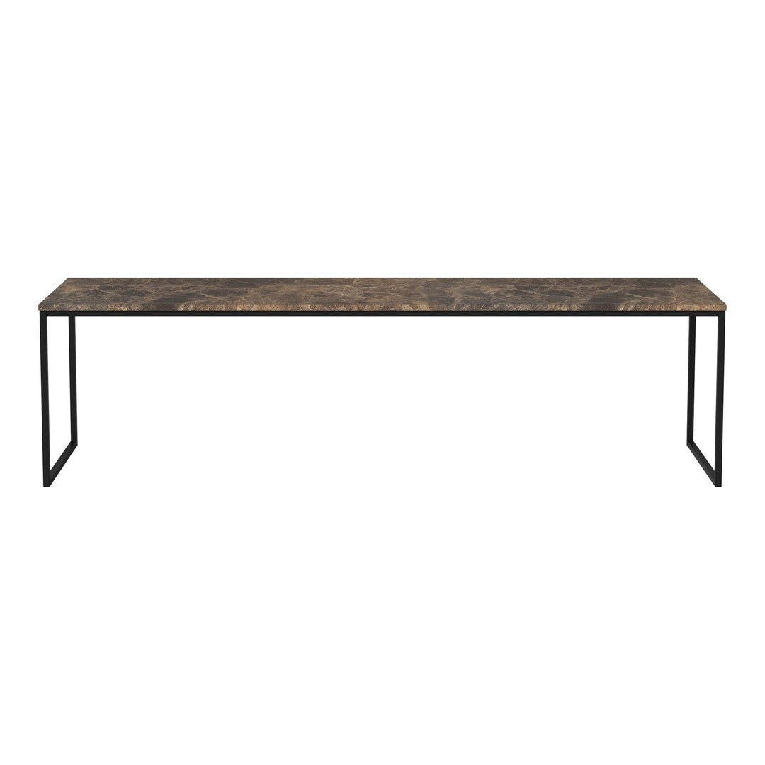 "Rustic brown wood tabletop with black metal legs, minimalist design, showcasing natural wood patterns."