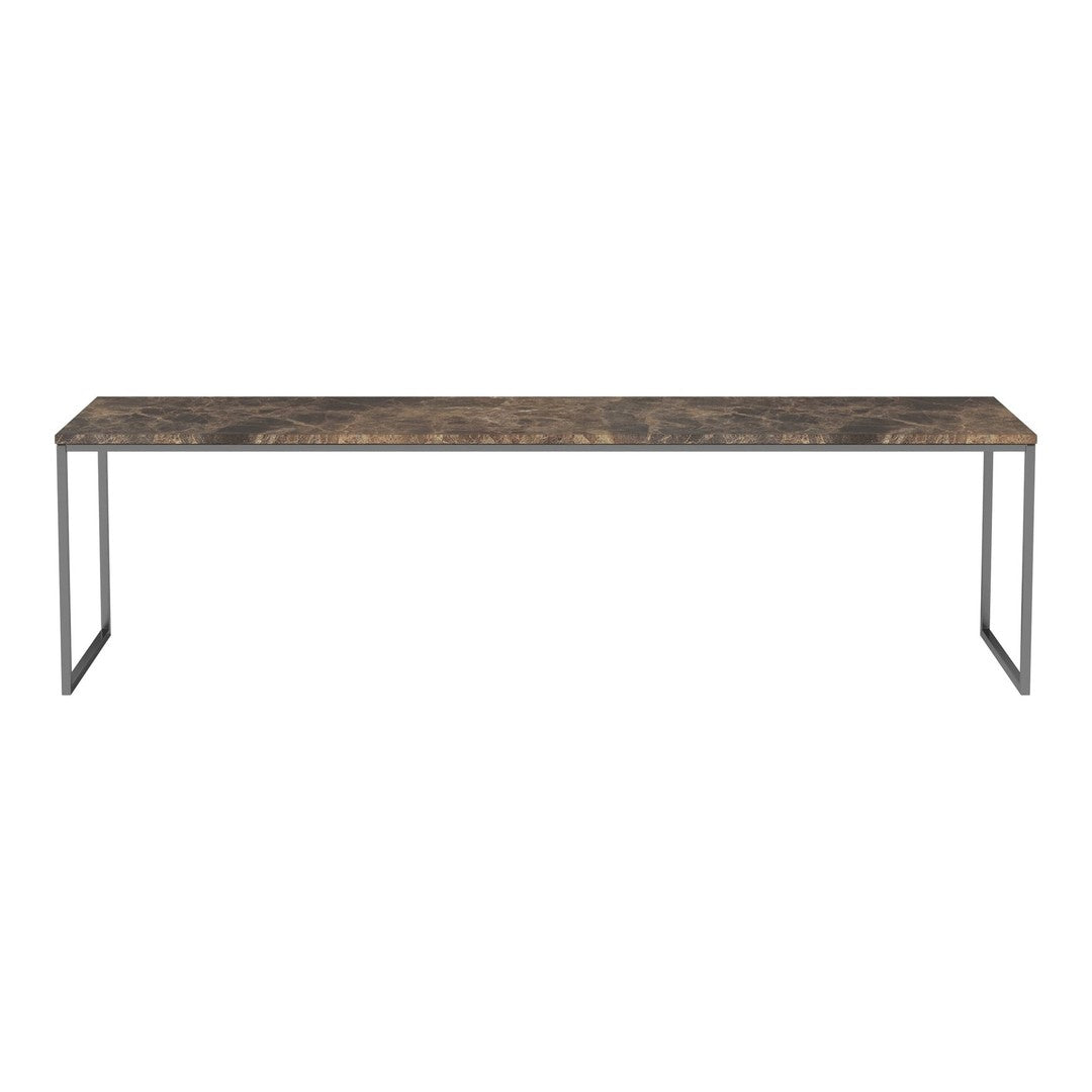 "Long rectangular table with a dark wood grain finish and sleek black metal legs."