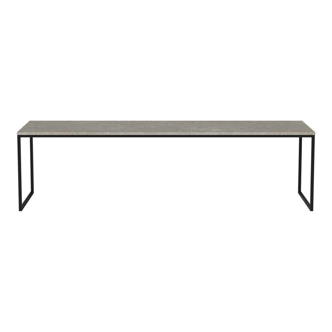 Minimalist rectangular table with a textured gray top and sleek black metal legs. Ideal for modern decor.