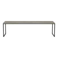 Minimalist rectangular table with a textured gray top and sleek black metal legs. Ideal for modern decor.