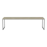 Light wood tabletop with a subtle grain pattern, supported by sleek black metal legs.