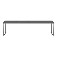 Gray console table with a sleek, minimalistic design and a smooth surface, supported by a simple metal frame.