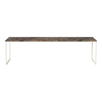 Long rectangular table with a marbled brown surface and sleek white metal legs. Ideal for modern decor.