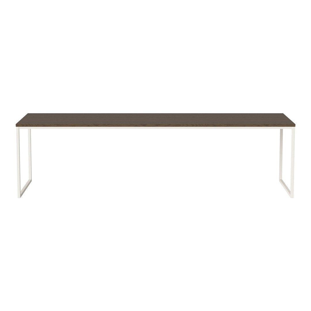 Long rectangular table featuring a dark wood top and sleek white metal legs, minimalist design with no patterns.