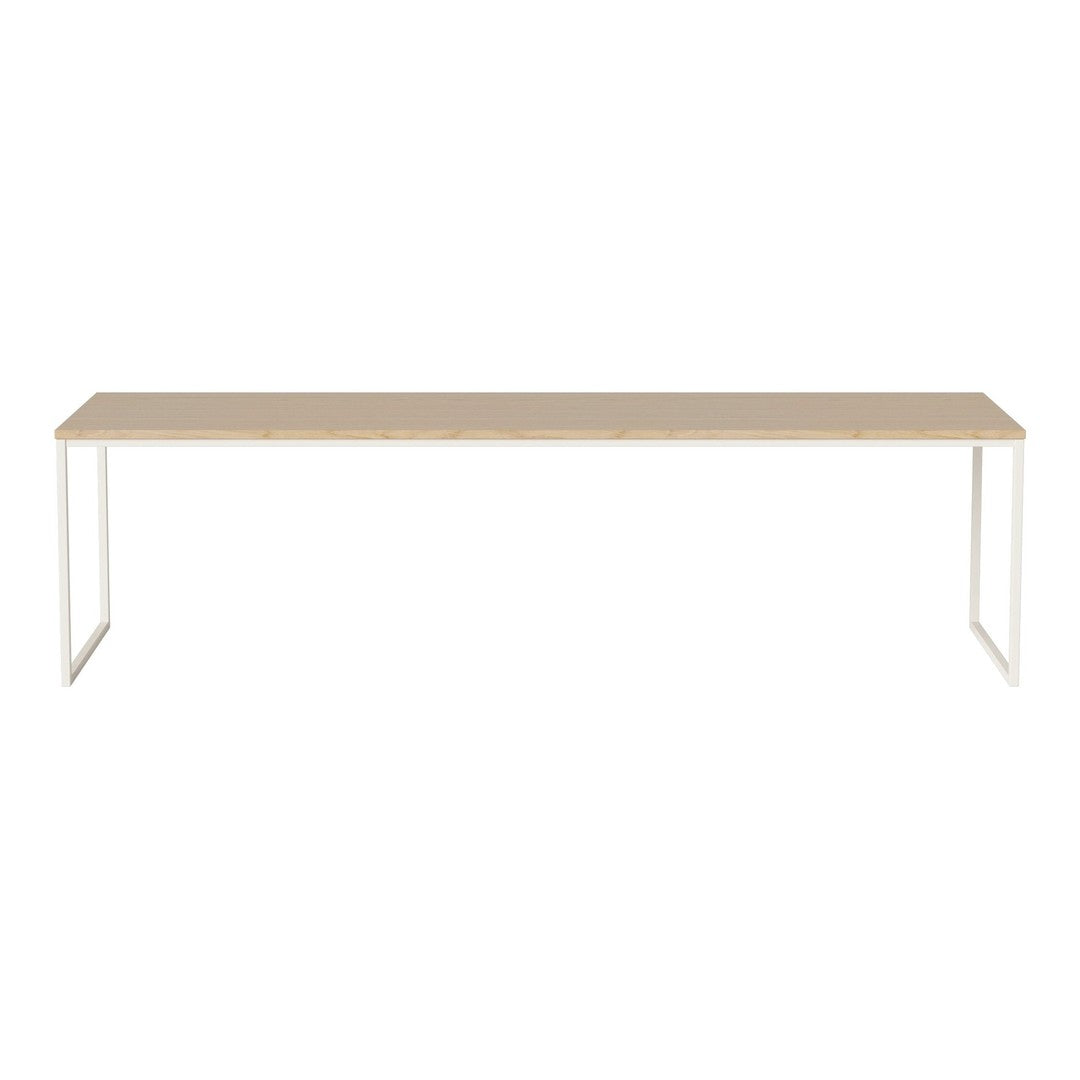 Light wood tabletop with a smooth finish, featuring white metal legs for a modern, minimalist look.