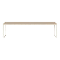 Light wood tabletop with a smooth finish, featuring white metal legs for a modern, minimalist look.