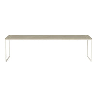 Minimalist white table with a light gray wooden top and sleek metal legs, perfect for modern decor.