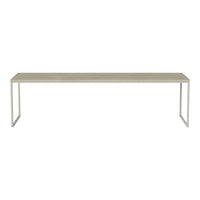Sleek, modern console table in light beige finish with a simple, patterned surface and minimalist metal frame.