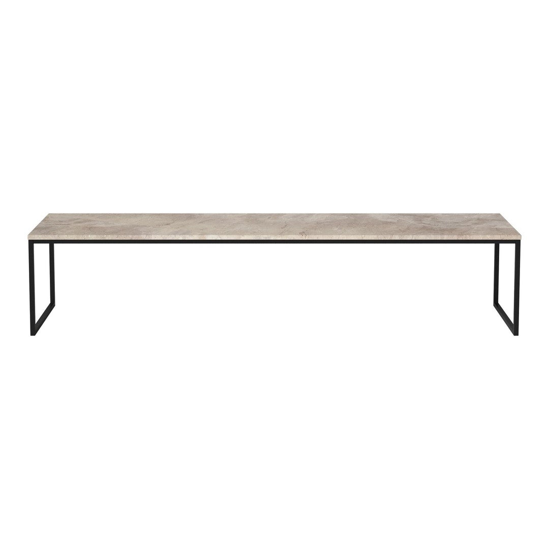 Light gray concrete tabletop with black metal legs, sleek and minimalist design for contemporary interiors.