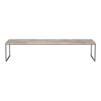 Long rectangular table with a light gray marble top and sleek metal legs in a modern design. Ideal for contemporary decor.
