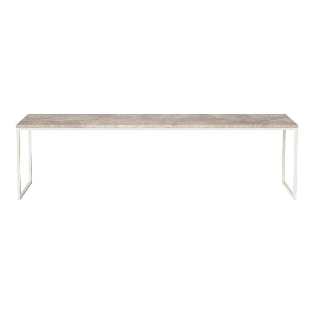 Light wood tabletop with a subtle grain pattern, paired with sleek white metal legs for a modern look.