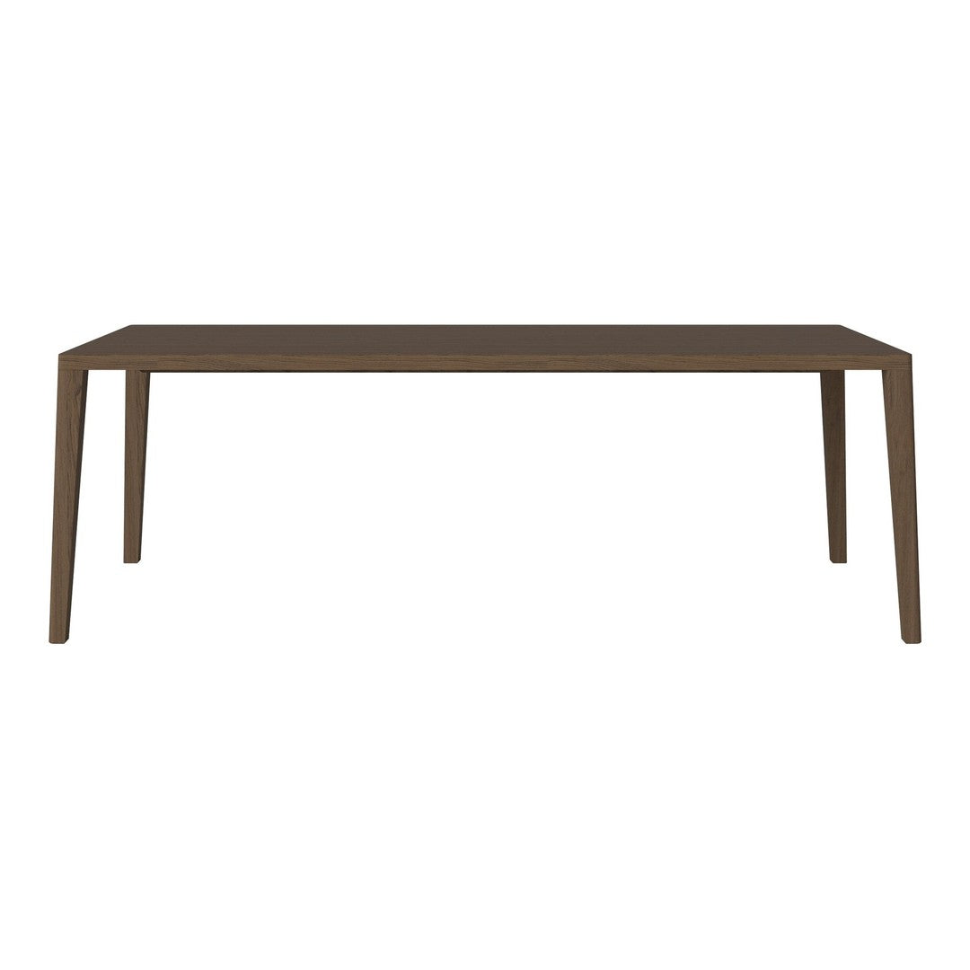 Brown rectangular dining table with a smooth, matte finish and minimalist design, featuring straight legs.