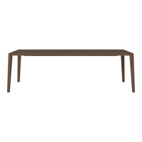 Brown rectangular dining table with sleek, minimalistic design, featuring smooth, solid wood finish.