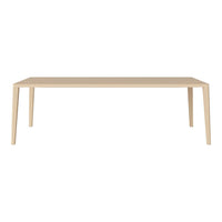 Light beige rectangular table with smooth, solid wood finish and minimalist design, perfect for modern decor.