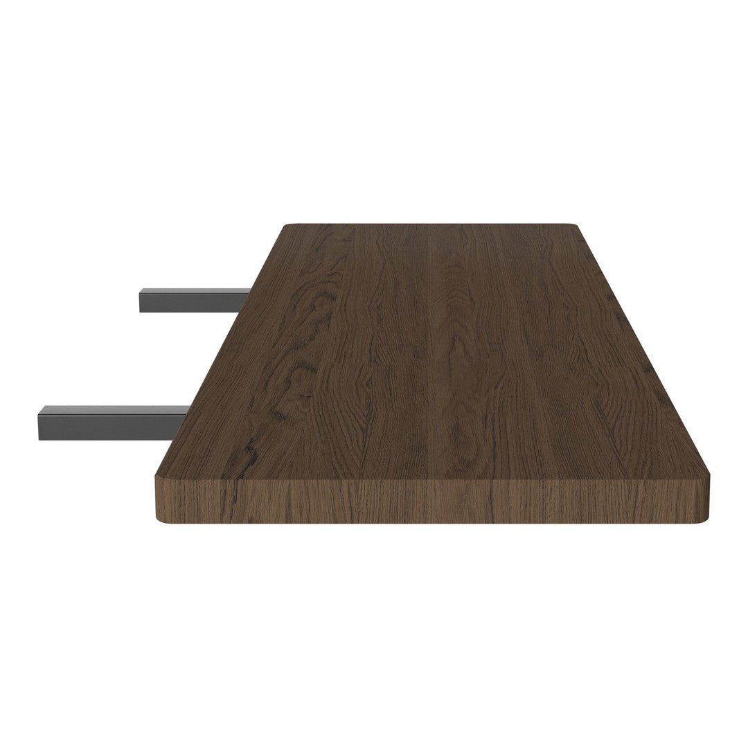 Rich dark wood tabletop with smooth grain pattern and sleek gray metal supports. Perfect for modern decor.