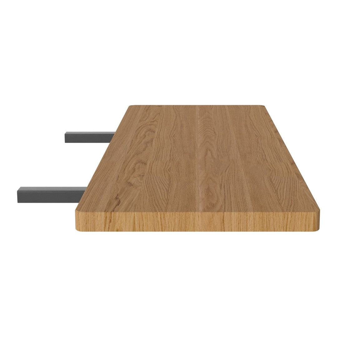 Natural wood grain table with a warm oak finish and sleek gray metal accents. Elegant and modern design.