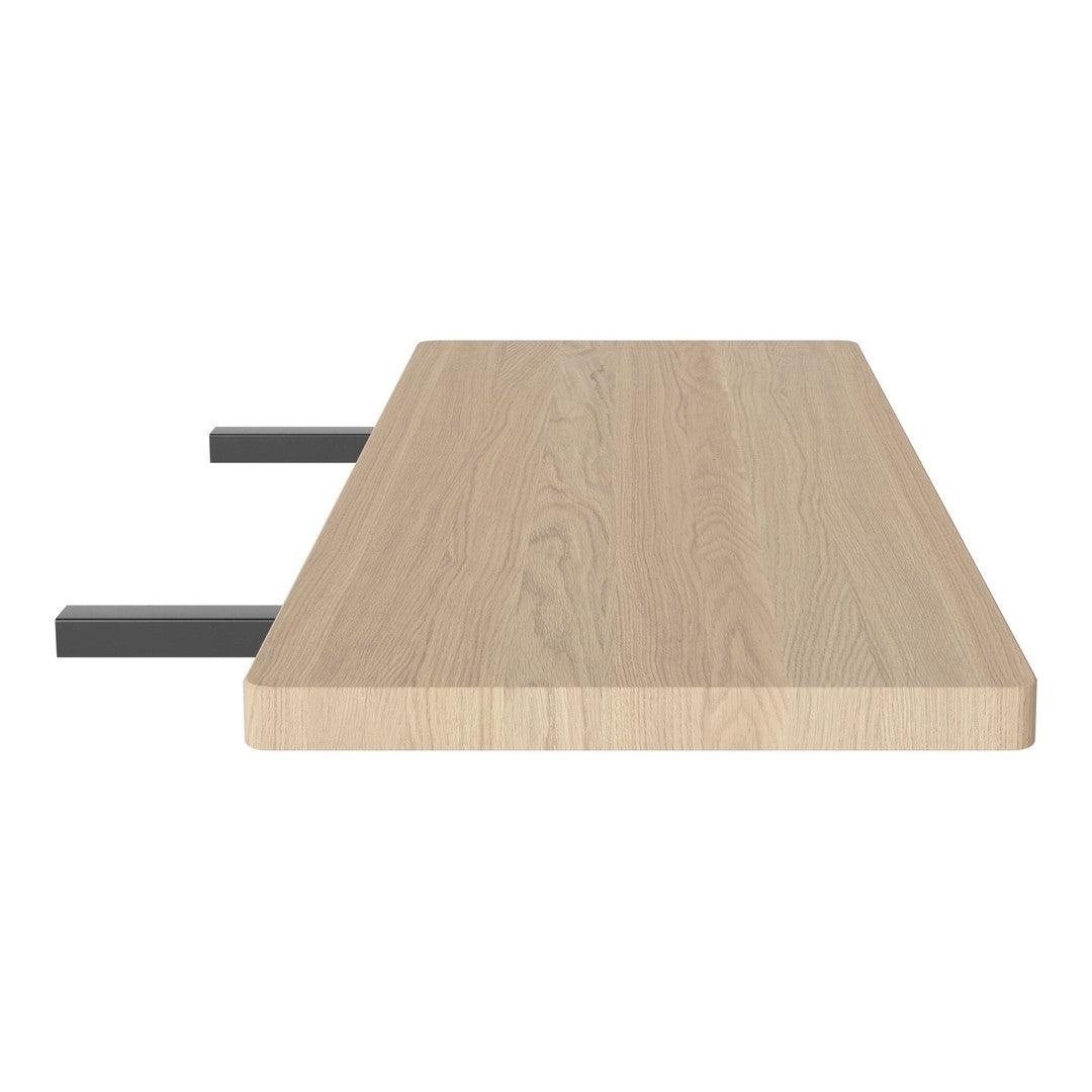 Light oak wooden tabletop with a smooth finish, featuring subtle grain patterns and sleek black metal legs.