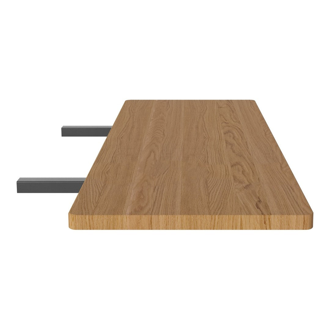 Light oak wood tabletop with a smooth finish and dark gray metal accents. Elegant and modern design for various decor styles.