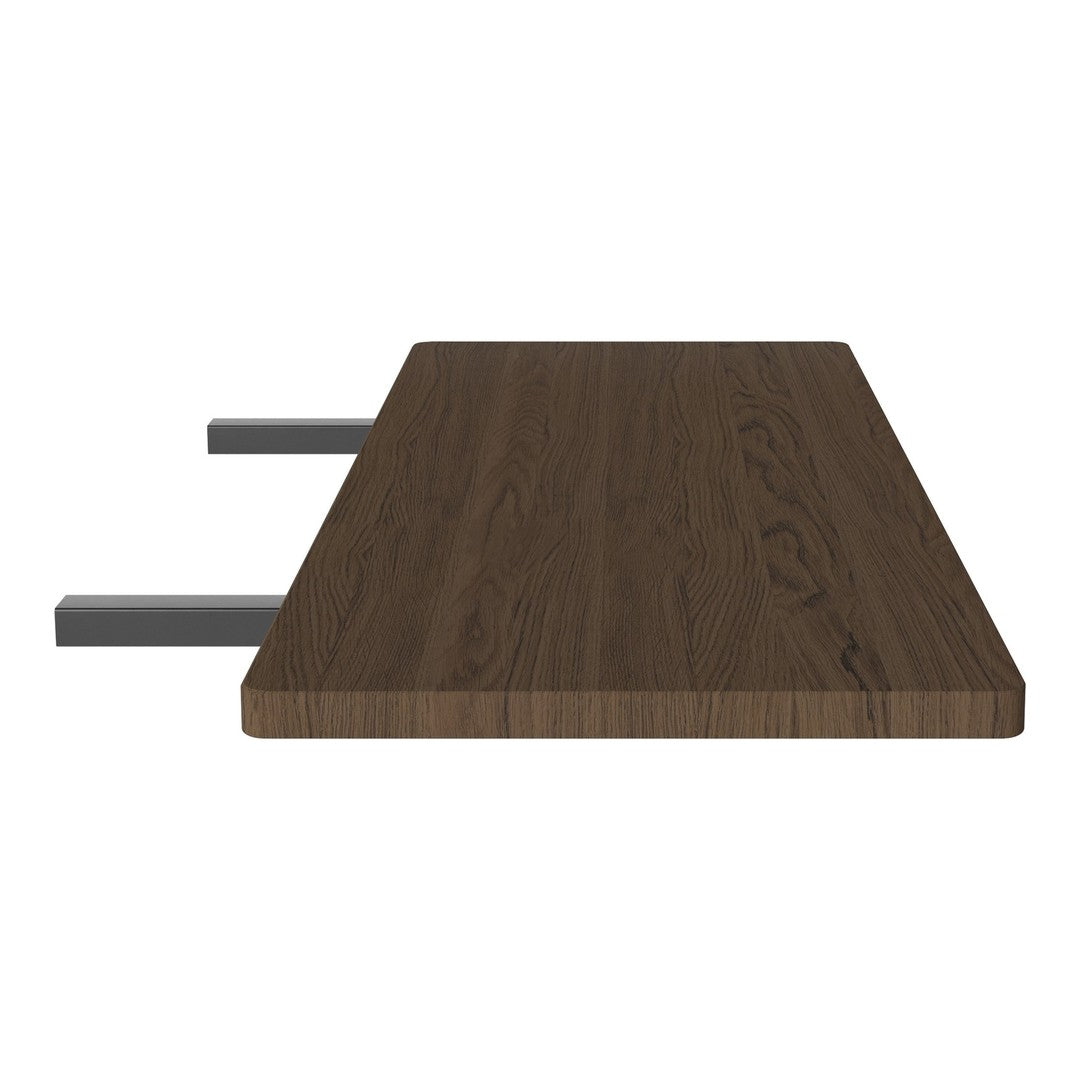 Dark wood tabletop with a smooth finish and subtle grain pattern, complemented by sleek gray metal supports.