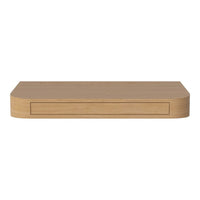 Natural wood finish tabletop with a sleek, rounded edge and a simple drawer design, showcasing warm beige tones.