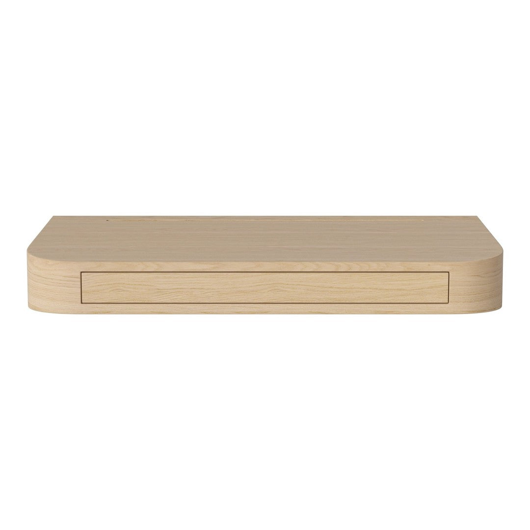 Minimalist light wood shelf with a smooth, sleek surface and a single drawer, showcasing natural wood grain.