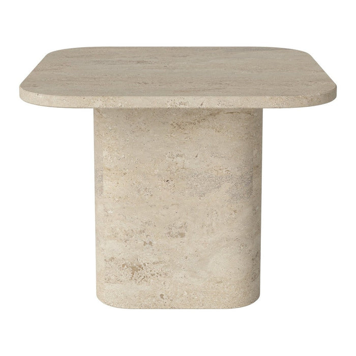 Beige stone table with a smooth, matte finish and subtle texture, featuring a square top and cylindrical base.