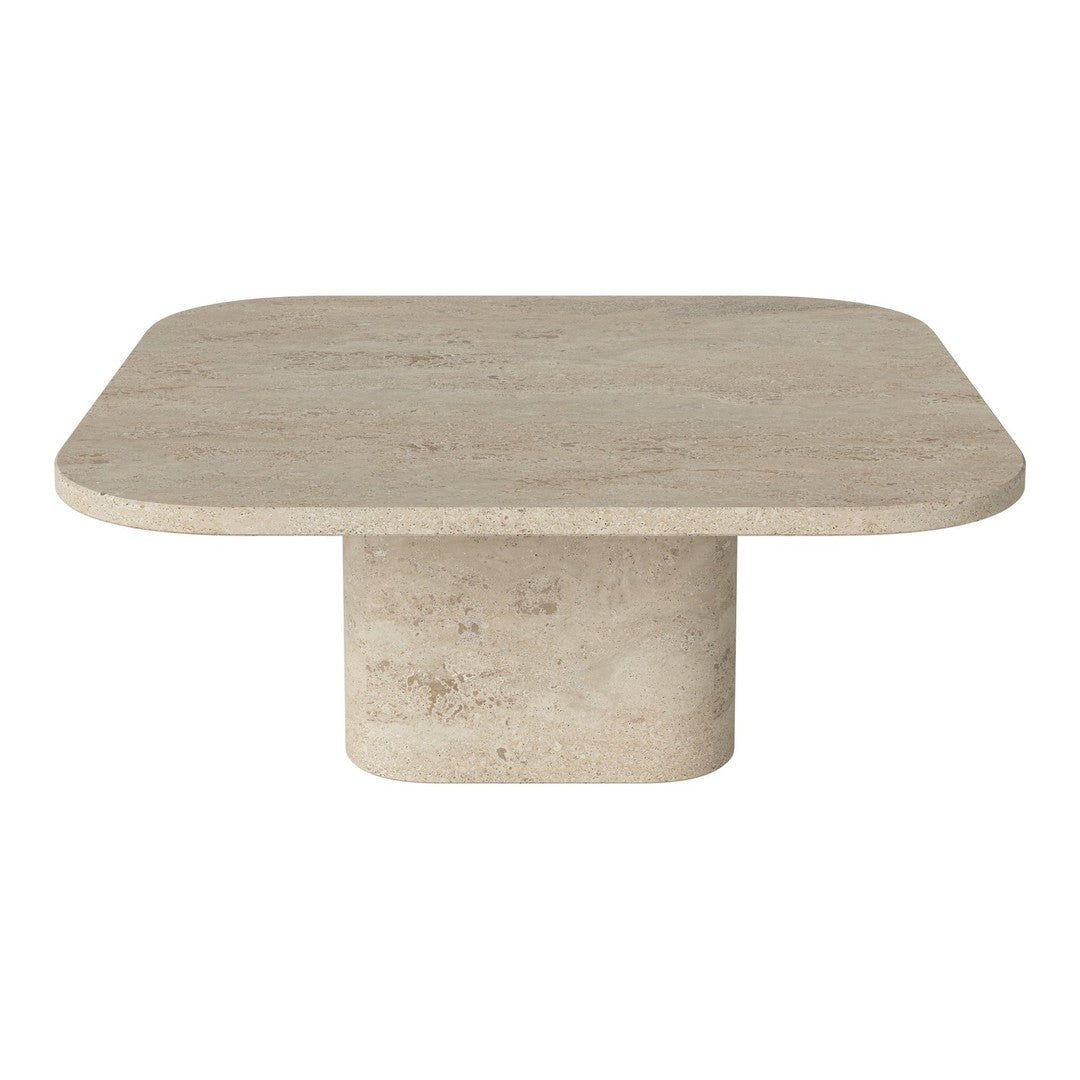 Beige square coffee table with smooth, matte finish and rounded edges; minimalist design complements modern decor.
